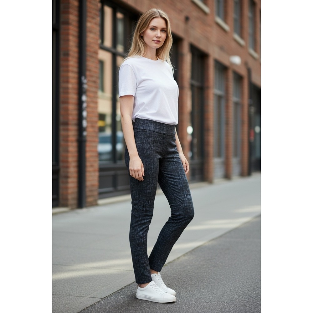 Roz & Ali Navy Black Textured Crosshatch Pull On Slim Leg Pants Size 4
